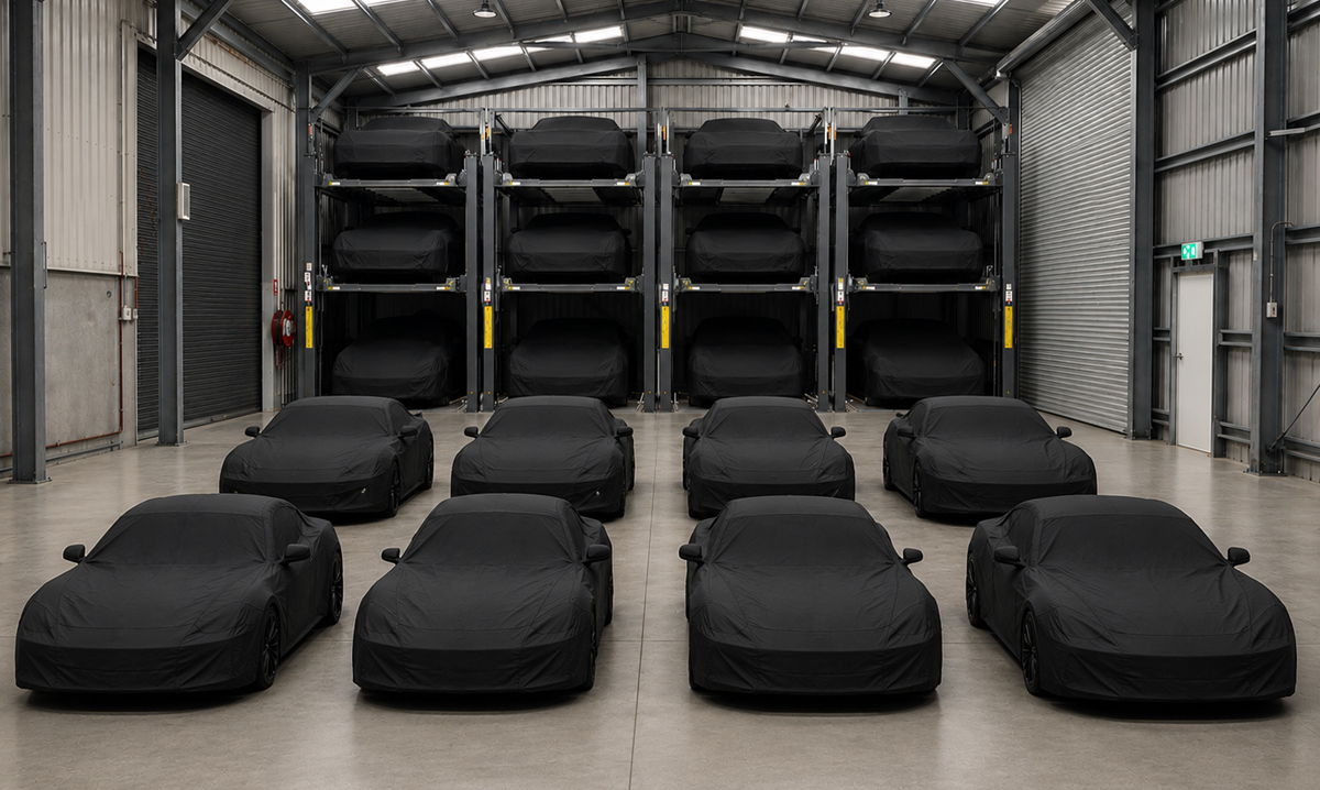 Nine cars covered with black cloths are parked in rows inside an industrial garage. In the background, more covered cars are stacked in vertical storage racks against the wall. The setting is well-lit and spacious.