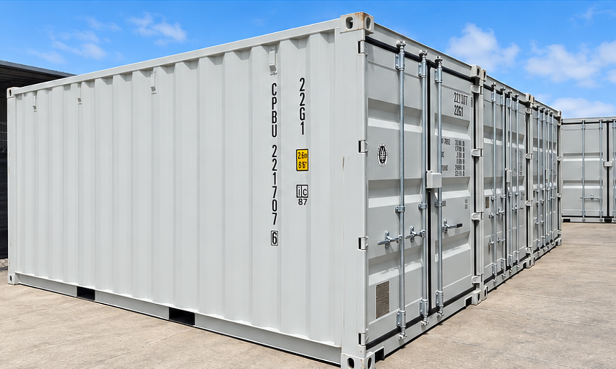 A large white shipping container is placed on a concrete surface outdoors under a clear blue sky, with another container partially visible beside it.